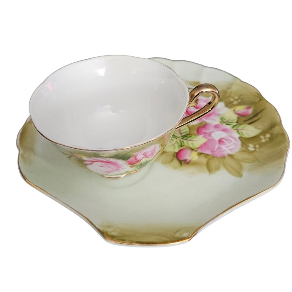 Lefton Luncheon Set VTG Hand Painted Green Heritage Pink Rose Tea Cup & Plate
